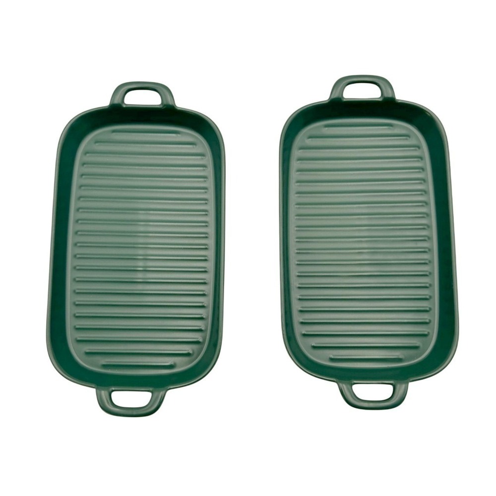 Bruntmor Set 2 Green Ribbed Ceramic Baking Dishes Grill Pans w Handles